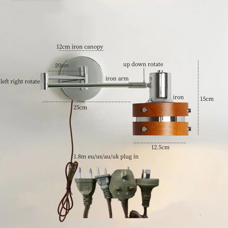 Vintage Iron Wood LED Wall Lamp Swing Arm Aplique Pared