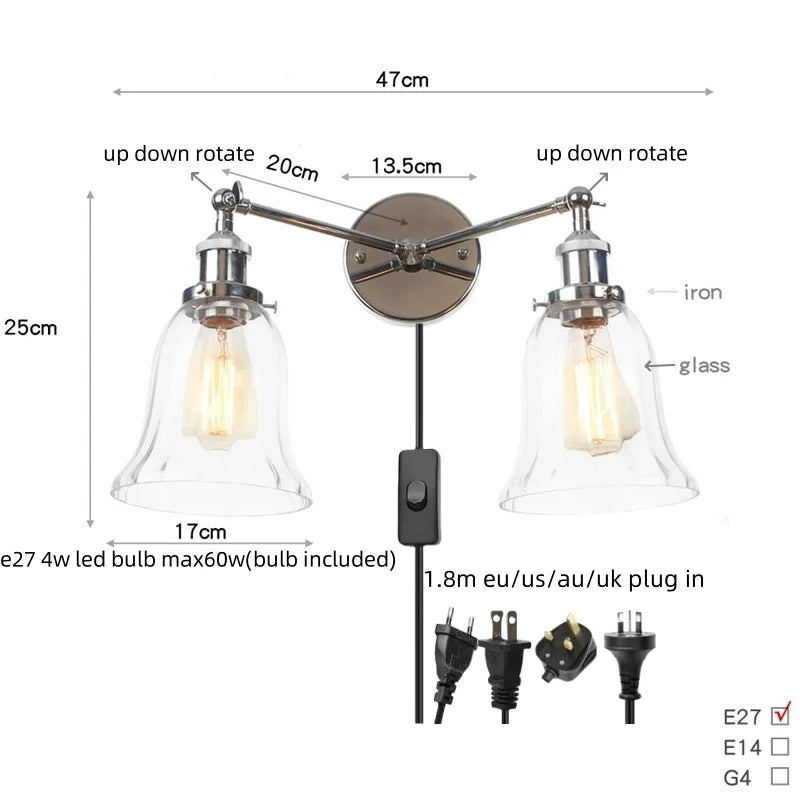 2 Head LED Wall Lamps Iron Glass Bedroom Stair Light Fixtures
