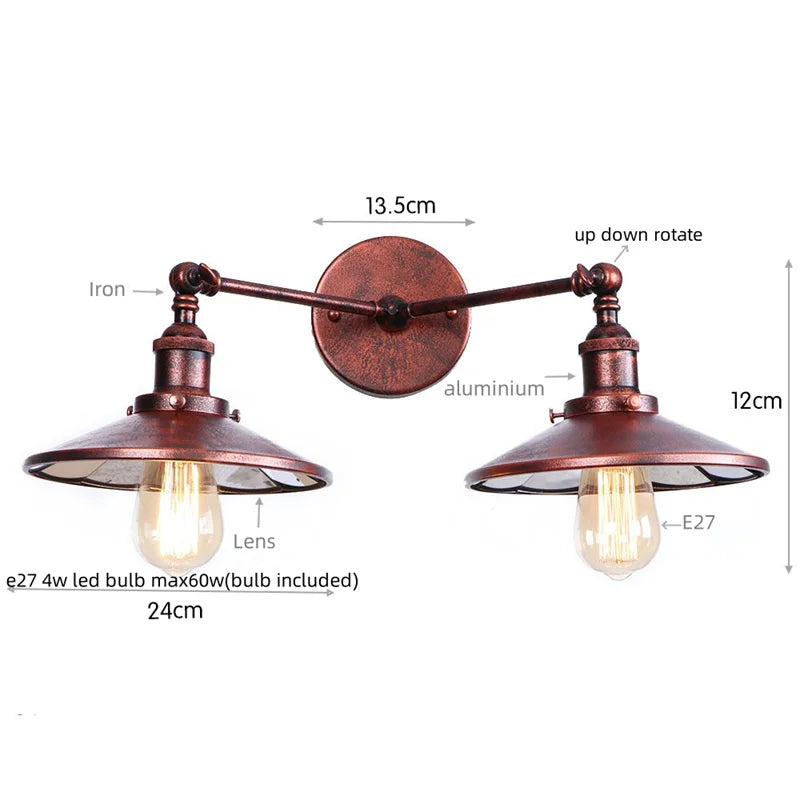 Vintage Gold Industrial Wall Lights with Pull Chain Switch and 2 Heads