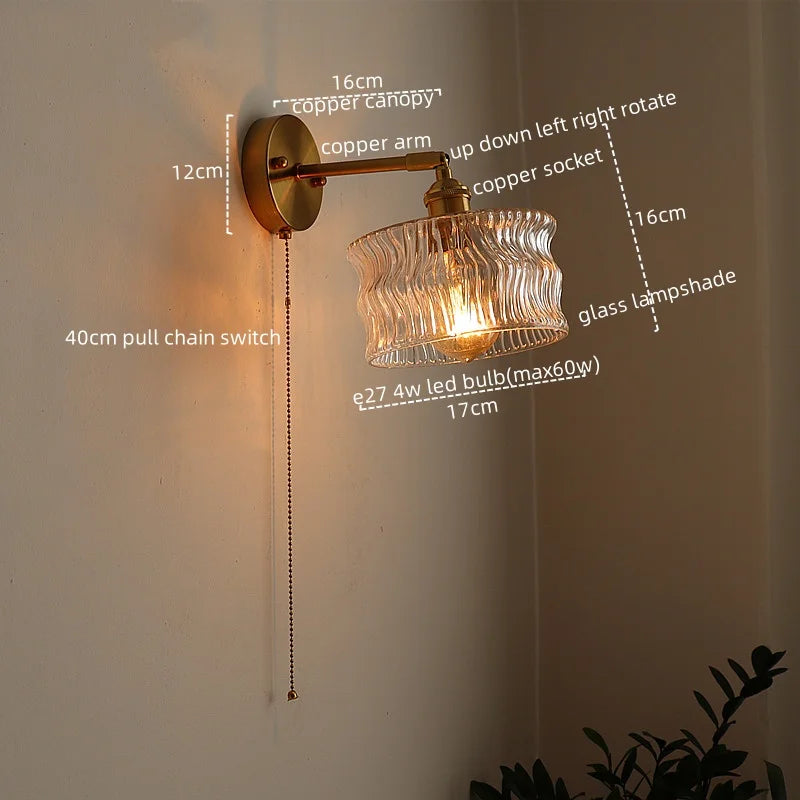 LED Glass Copper Wall Sconce Pull Chain Switch Lamp for Bedroom Living Room