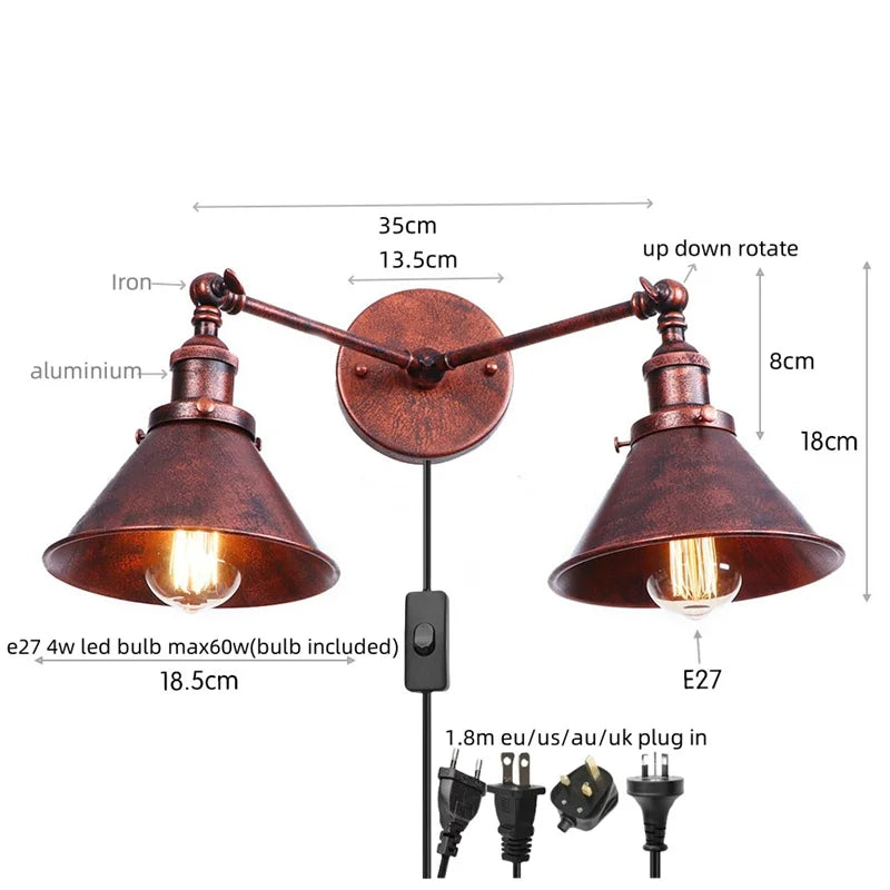Afralia™ Industrial Vintage LED Wall Light Iron Gold 2 Heads Simple Lamparas De Pared.