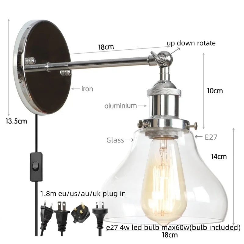 Afralia™ Gold LED Wall Sconces Iron Loft Retro Home Bedroom Lamp