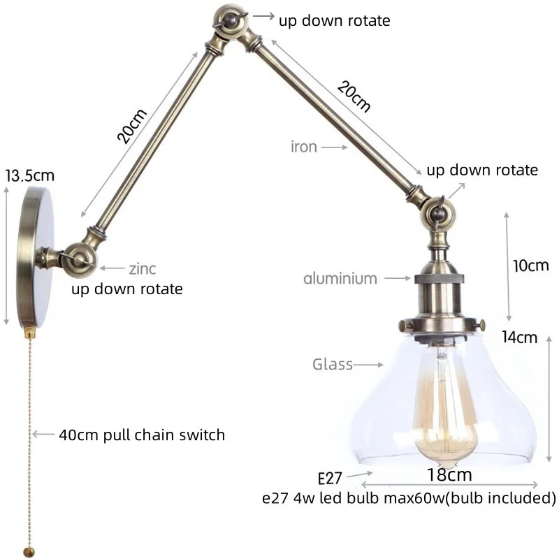 Vintage Industrial LED Wall Light with Clear Glass Shade & Adjustable Long Arm