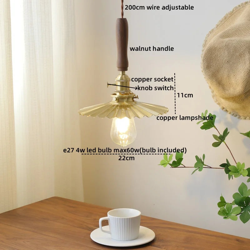 Walnut Glass Pendant Lamp: Nordic LED Hanging Light Fixture for Dining Room, Bedroom, Bar