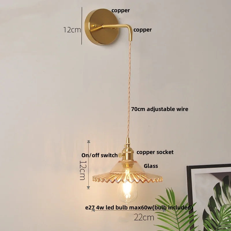 Glass Wall Lamp with Pull Chain Switch and Adjustable LED Light