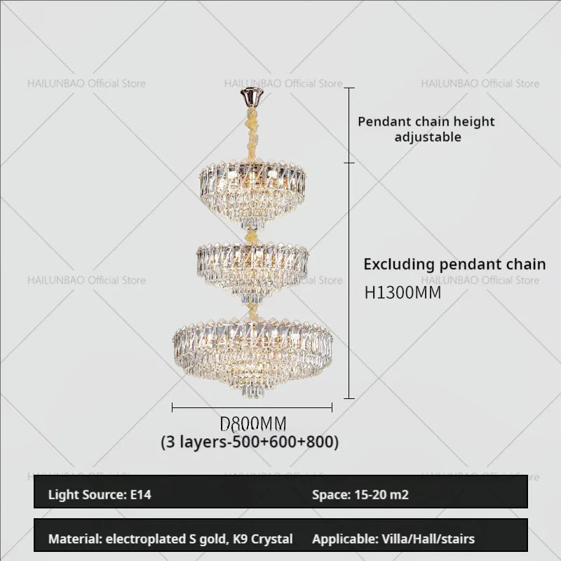 Luxury Crystal Chandelier for Duplex Villa Staircase and Living Room