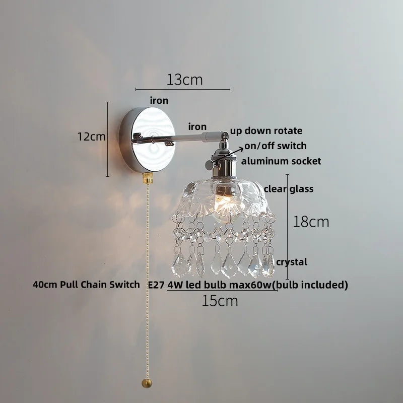 Crystal Iron LED Wall Light Modern Bedside Lamp Clear Glass Wandlamp