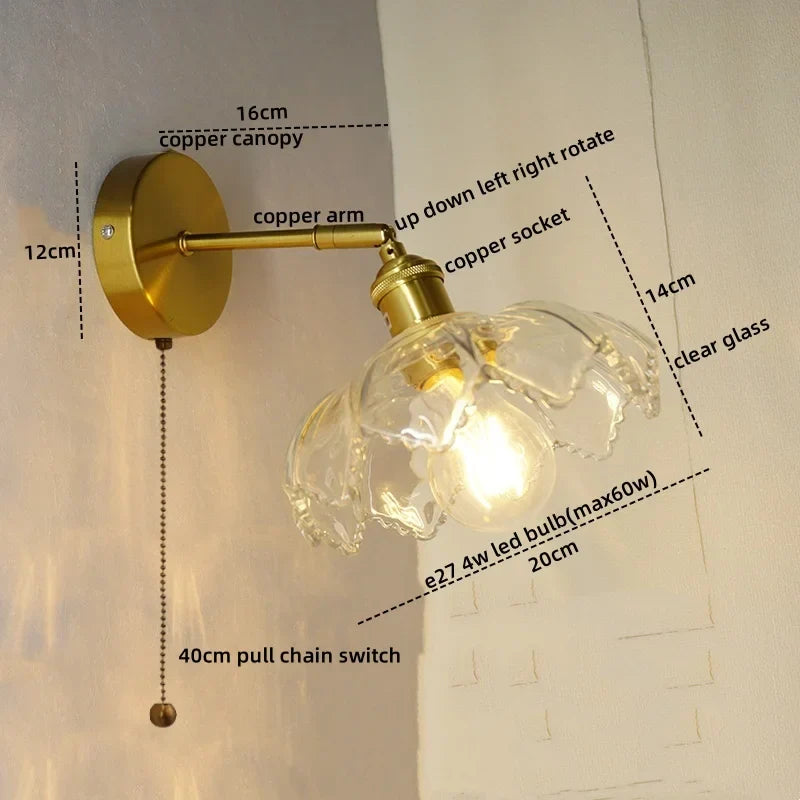 Nordic LED Wall Lights Pull Chain Switch Copper Glass Home Decor