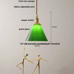 Copper Canopy LED Pendant Light Fixture Green Glass Hanging Lamp