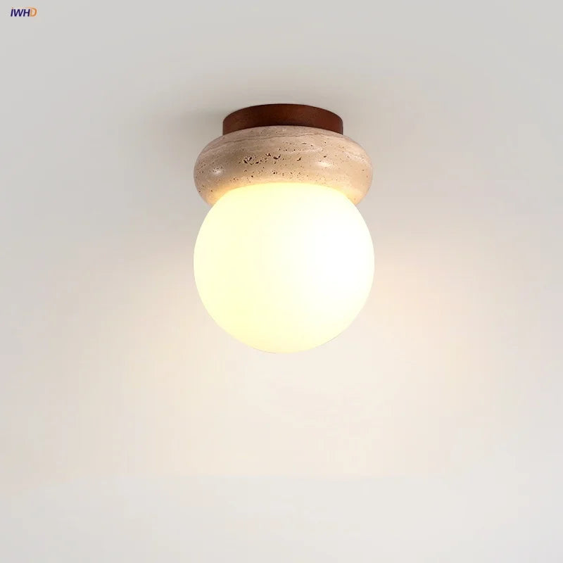 Yellow Travertine Glass LED Ceiling Light Japan Style Wood Base Plafonnier