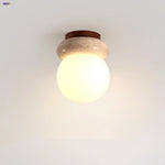 Yellow Travertine Glass LED Ceiling Light Japan Style Wood Base Plafonnier