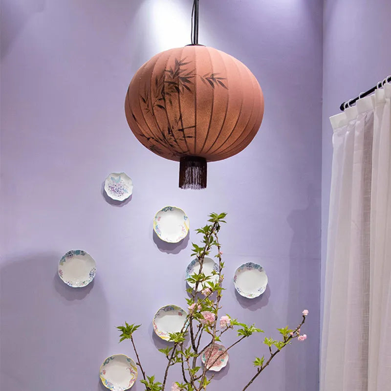 Bamboo Lantern Pendant: Handmade Fabric Shade for Elegant Hotel and Restaurant Lighting