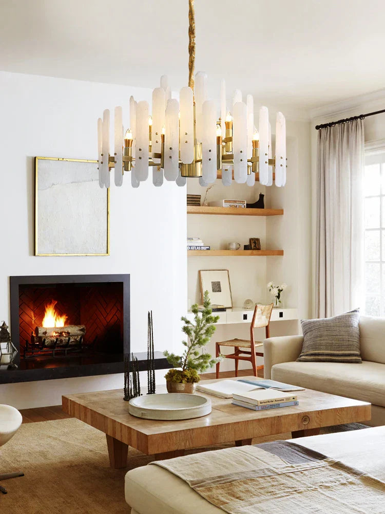 Marble Collection 2025 Chandelier: E14 LED Alabaster Hanging Lamp for Living Room