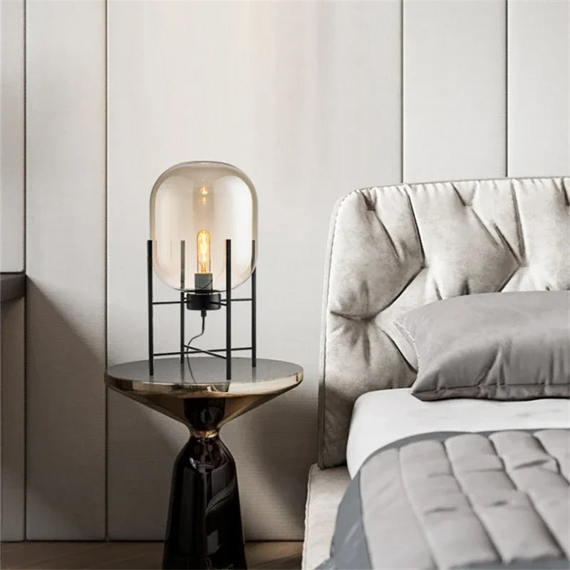 Nordic Smoky Gray Glass Table Lamp Postmodern Iron Desk Lamps for Living Room