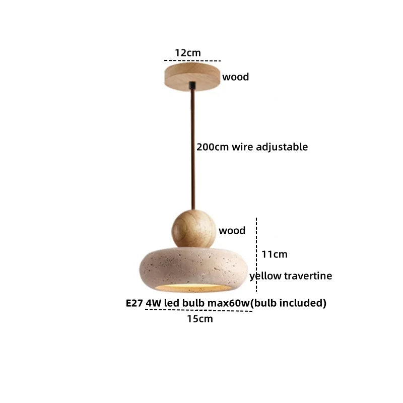 Yellow Travertine Wood LED Pendant Lamp - Nordic Modern Living Dining Room Light