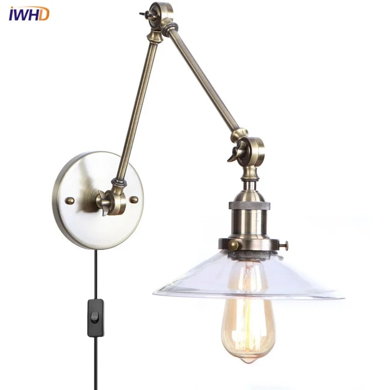 Vintage Industrial LED Wall Light with Clear Glass Shade & Adjustable Long Arm