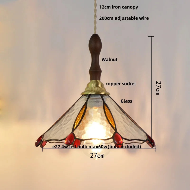 Walnut Wood LED Pendant Tiffany Glass Hanging Lamp - Vintage Dining Room Light