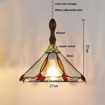 Walnut Wood LED Pendant Tiffany Glass Hanging Lamp - Vintage Dining Room Light