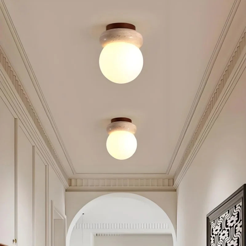 Yellow Travertine Glass LED Ceiling Light Japan Style Wood Base Plafonnier