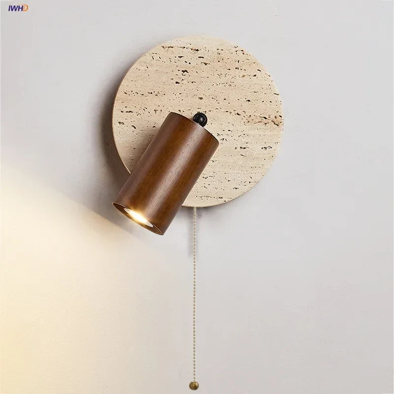 Rotating Wood LED Wall Sconce Pull Chain Light for Bedroom & Bathroom