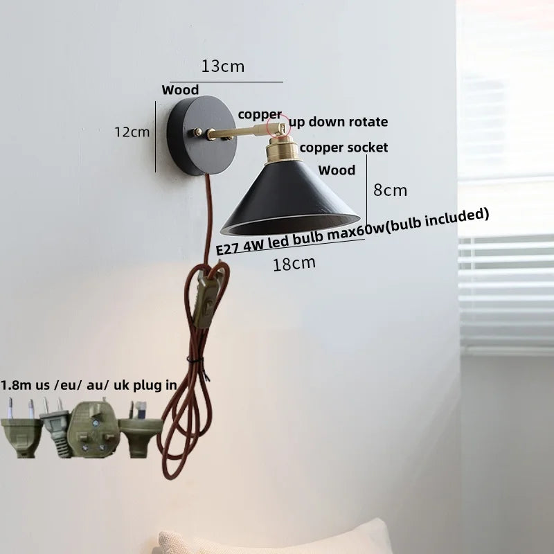 Wood Copper Wall Sconce Modern LED Fixture Bedside Lamp Bar Rotate Black