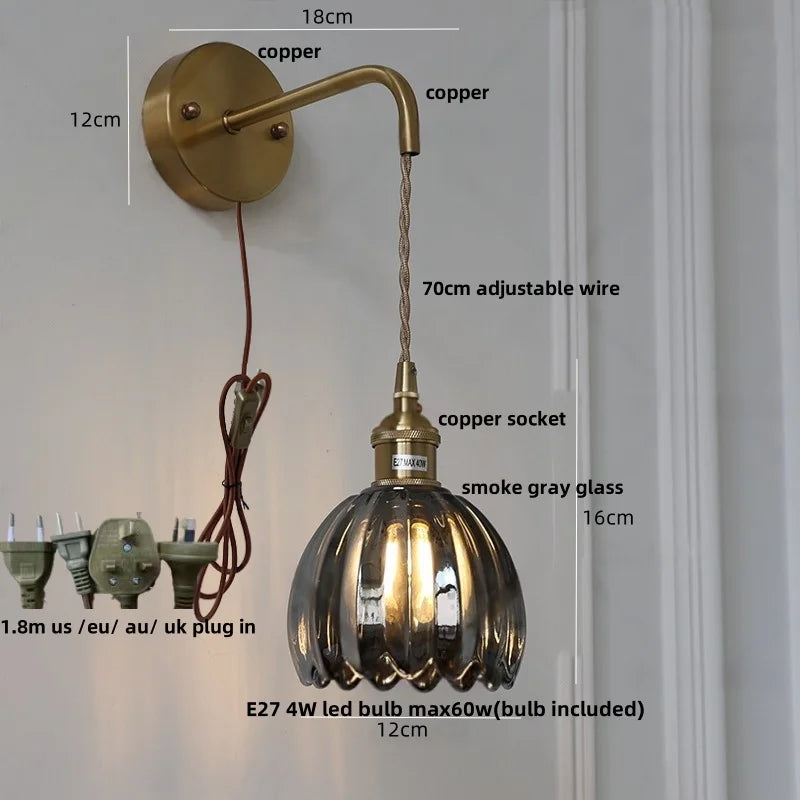 Smoke Gray Glass LED Wall Light Fixture Minimalist Pull Chain Switch Bedside Lamp