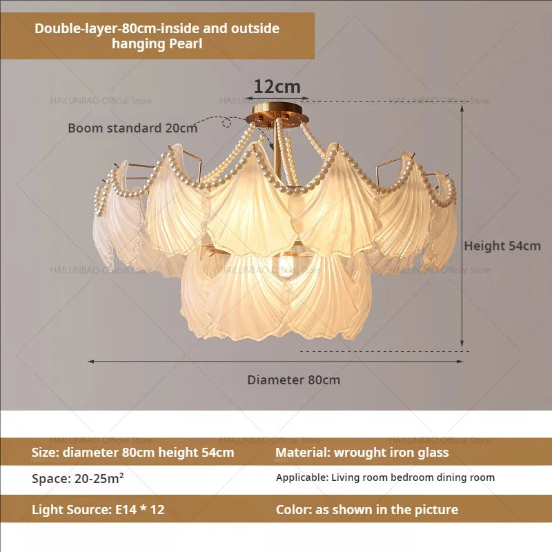 Pearl Crystal Chandelier for Dining Living Bedroom, Elegant French Shell Glass Light