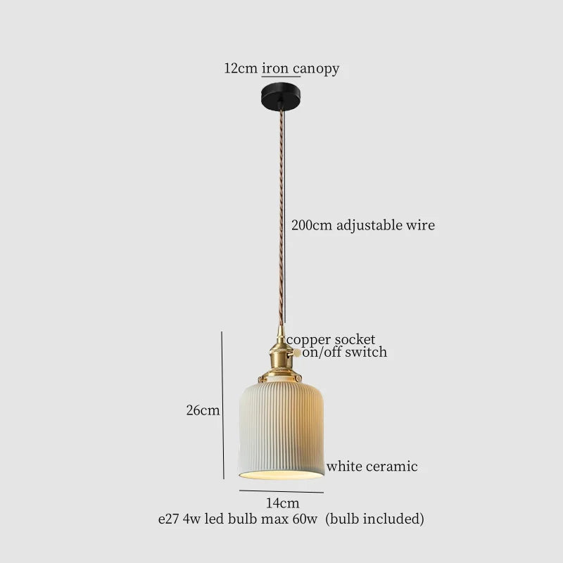 White Ceramic Brass LED Pendant Light - Vintage Japanese Hanglamp