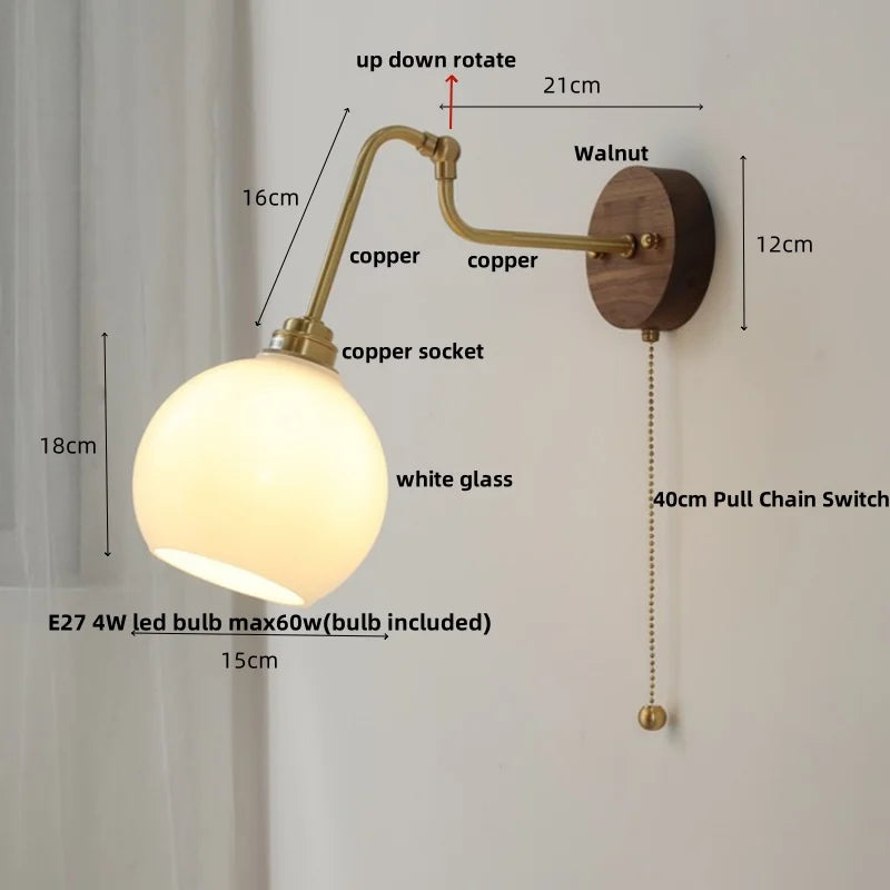 Rotating Copper LED Wall Light with Pull Chain Switch and Walnut Base
