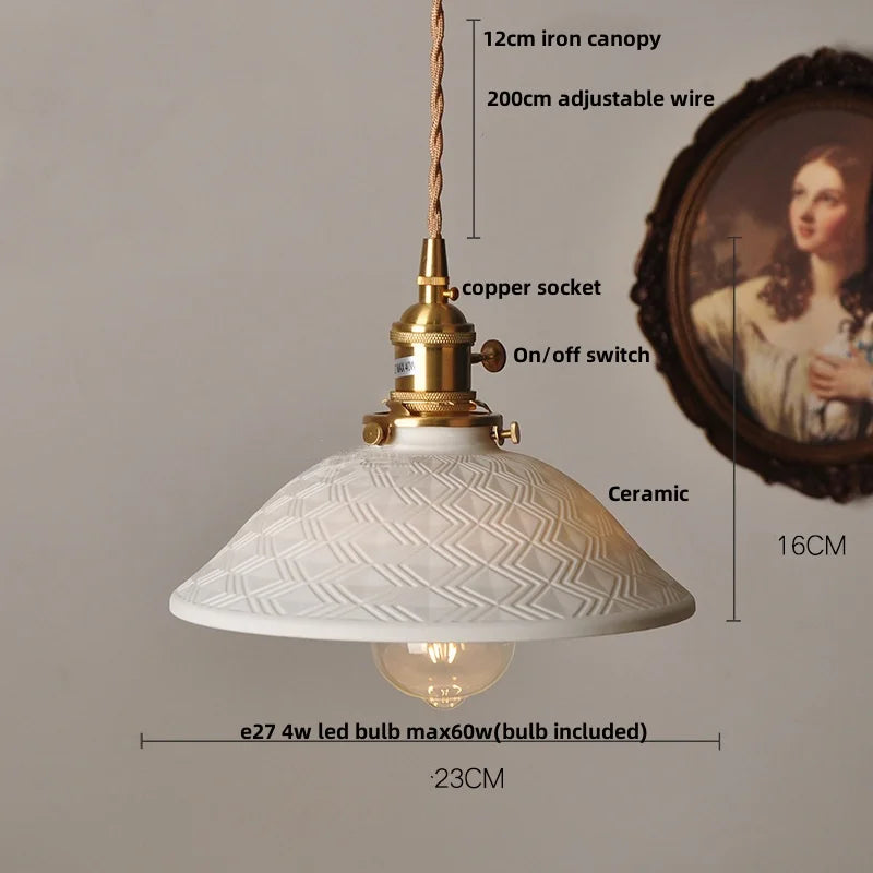 White Ceramic LED Pendant Lamp with Copper Switch - Flower Hanging Light