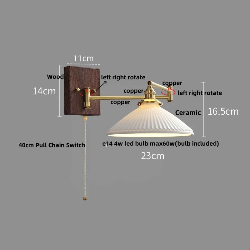Wood Swing Arm LED Wall Light - Rotatable Bedroom Balcony Bedside Lamp