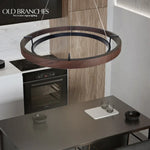 Wood Grain Chandelier: Minimalist Round LED Hanging Light Fixture for Home Decor