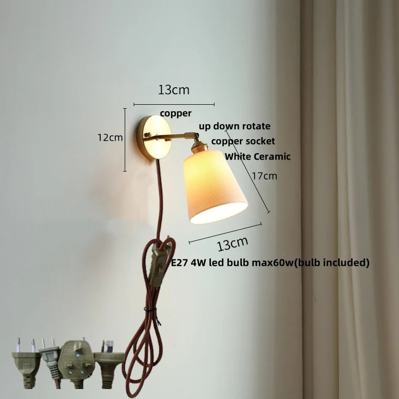 White Ceramic LED Wall Sconce with Pull Chain Switch & Rotate Copper Finish