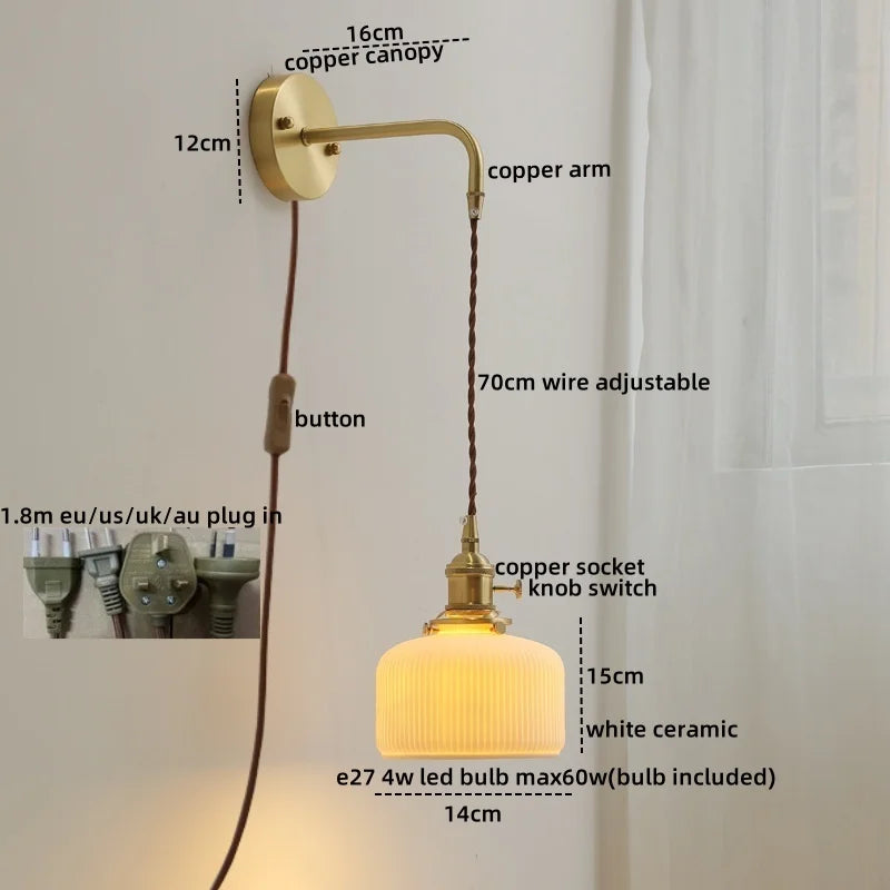 Ceramic Copper LED Wall Lamp with Pull Chain Switch for Modern Style Interiors
