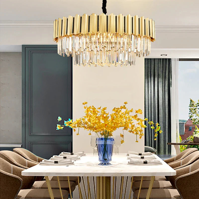 Gold Crystal LED Chandelier: Modern Luxe Lighting Fixture for Home Decor