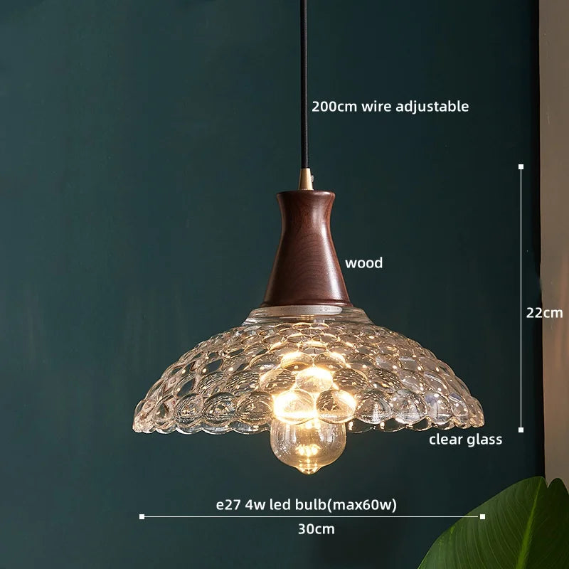 Wood Glass LED Pendant Lights Modern Hanging Lamp for Kitchen Living Room