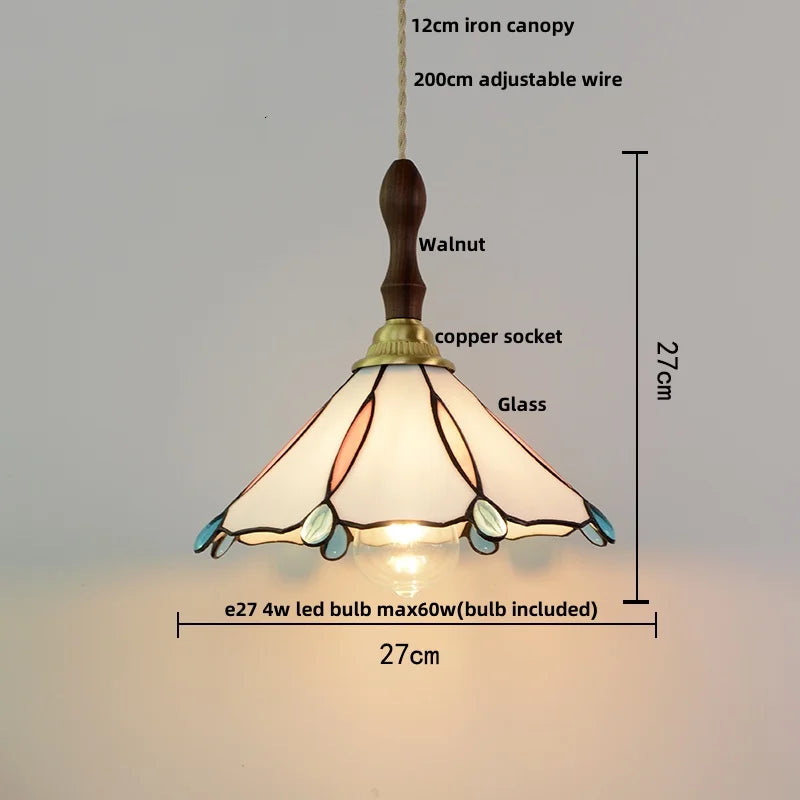 Walnut Wood LED Pendant Tiffany Glass Hanging Lamp - Vintage Dining Room Light