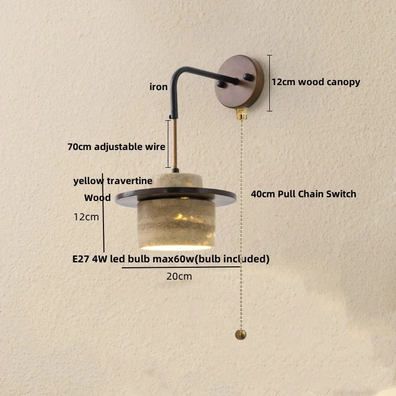 LED Wall Light Fixture Yellow Travertine Stone Modern Bedside Lamp