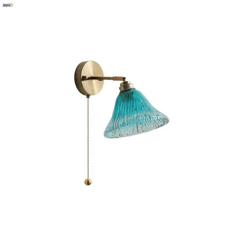 Blue Glass Wall Sconce Pull Chain Switch Rotate Stair Light