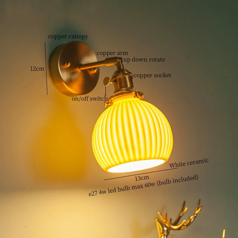 Afralia™ Brass Ceramic LED Wall Light | Nordic Modern Bedside Lamp for Bedroom, Bathroom, and Sofa