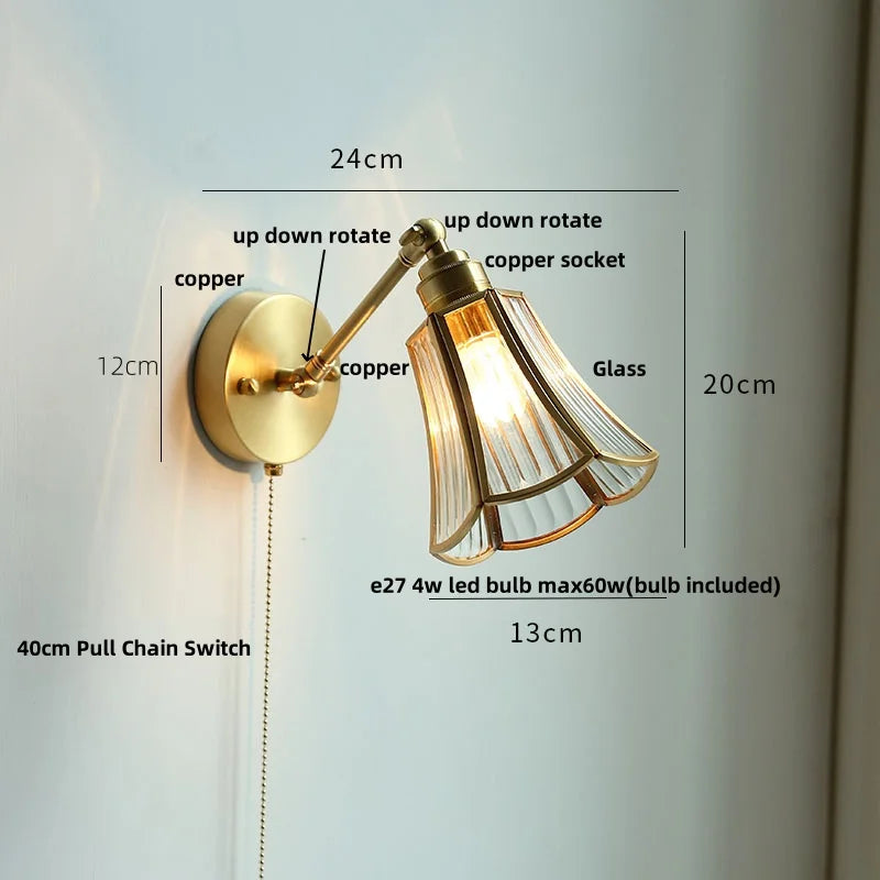 Vintage Brass Clear Glass Wall Lights Up Down Rotate Bedside Lamp