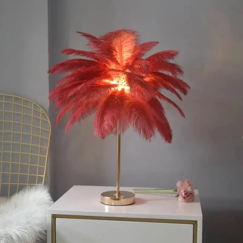 Nordic Ostrich Feather Table Lamp: Romantic Pink White Bedside Wedding Light
