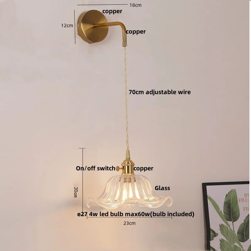 Copper LED Glass Wall Sconce with Pull Chain Switch for Living Dining Room