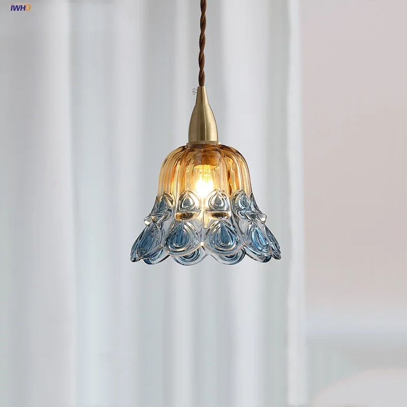 Copper Socket LED Pendant Light with Phenix Glass Shade, Adjustable Hanging Lamp