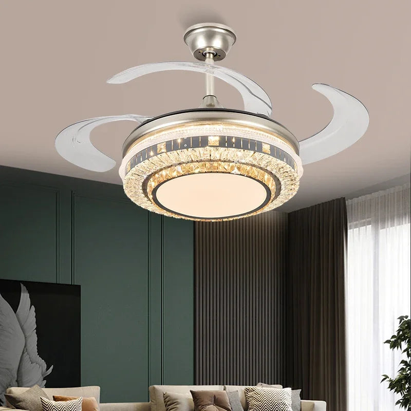 Gold Crystal Retractable Blades Modern LED Ceiling Fan 42" Smart Lightning