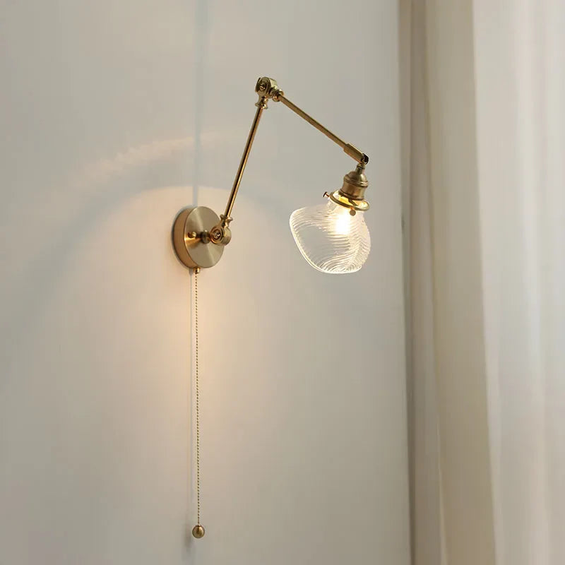 Modern Brass Glass Wall Light with Swing Arms & Pull Chain Switch