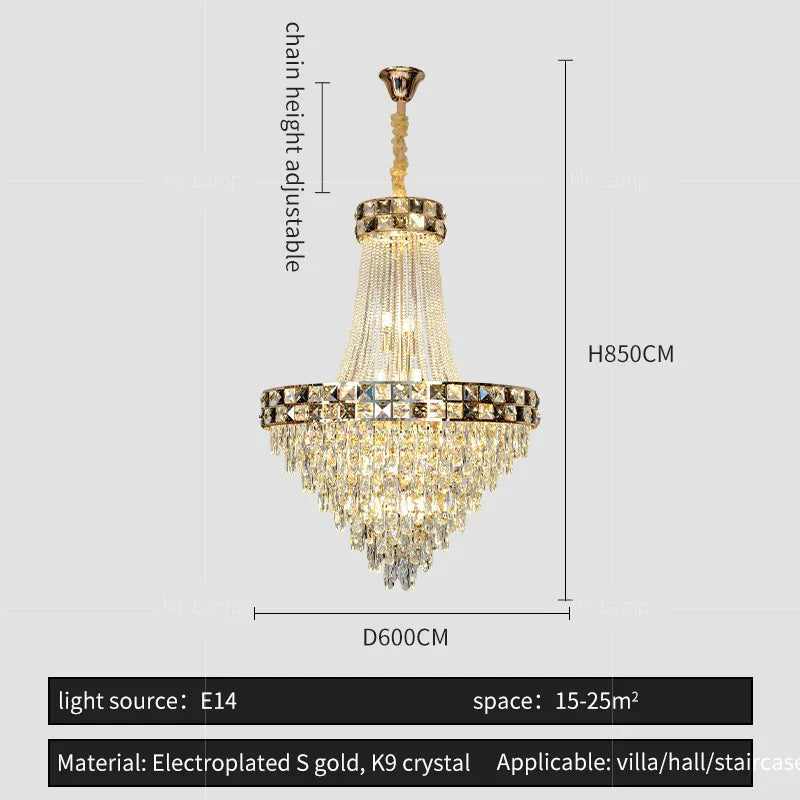 Crystal Chandelier: Smart Dimming Duplex Villa Pendant for Luxe Living Rooms