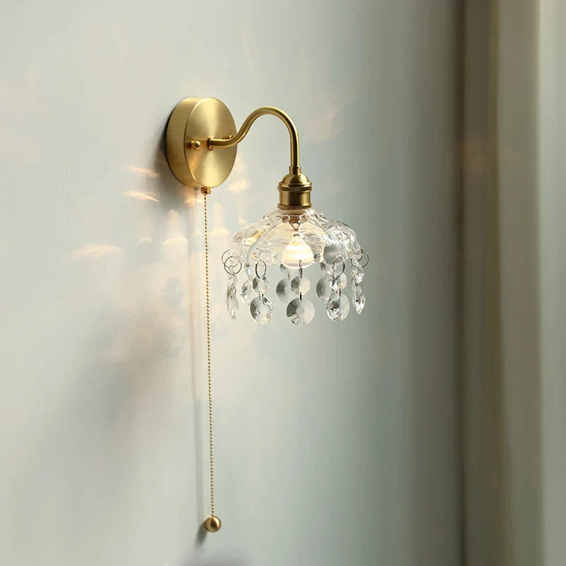 Nordic LED Wall Light with Pull Chain Switch, Crystal Glass Bedside Lamp