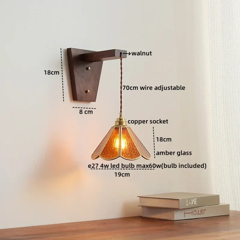 Walnut Glass LED Wall Light Fixture | Modern Bedroom Bathroom Living Room Lamp