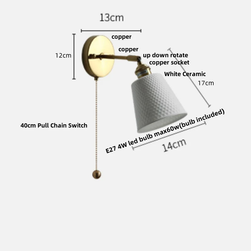 White Ceramic LED Wall Sconce with Pull Chain Switch & Rotate Copper Finish